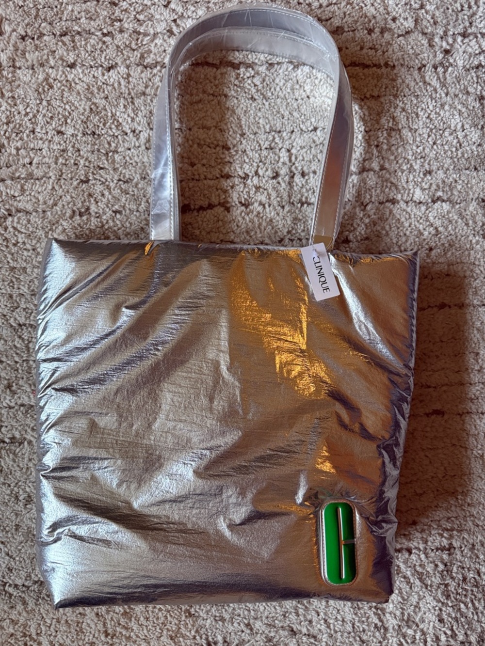 Clinique Silver Metallic Tote Bag with Green Accent - New With Tags